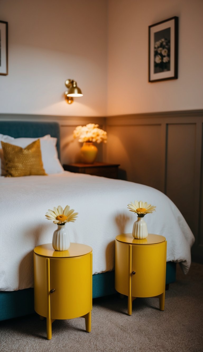 A cozy bedroom with two yellow daisy bedside tables and warm lighting