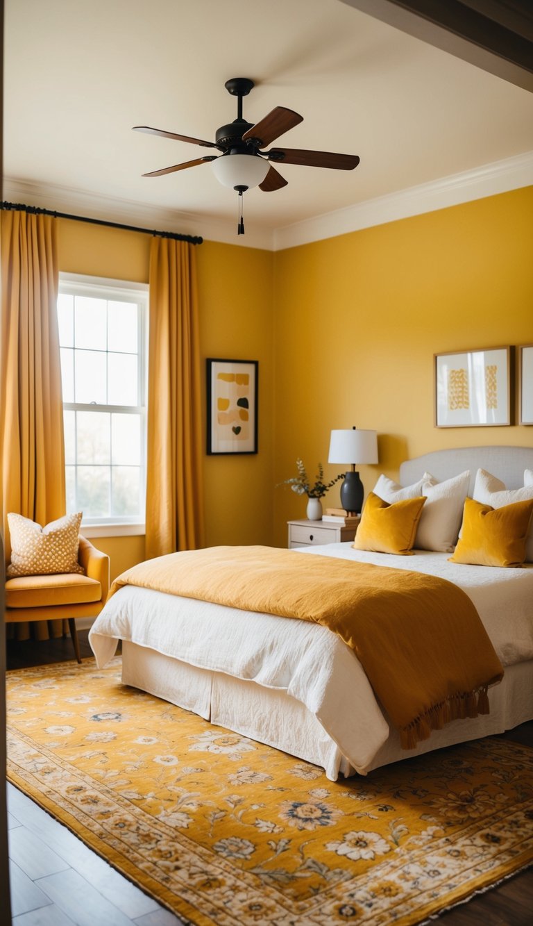 A cozy bedroom with a large saffron area rug, warm yellow walls, and matching decor