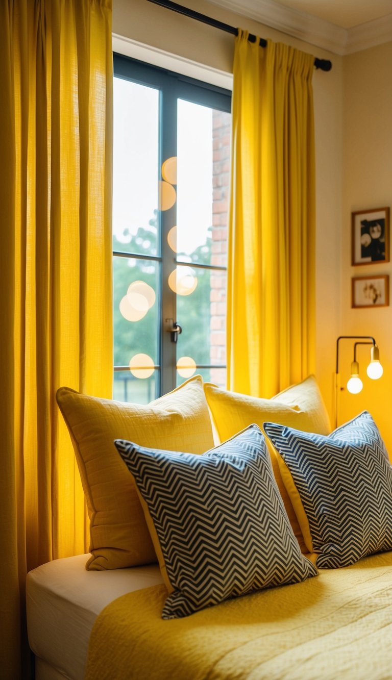 A cozy yellow bedroom with chevron patterned pillows and curtains, warm lighting, and a sunny atmosphere