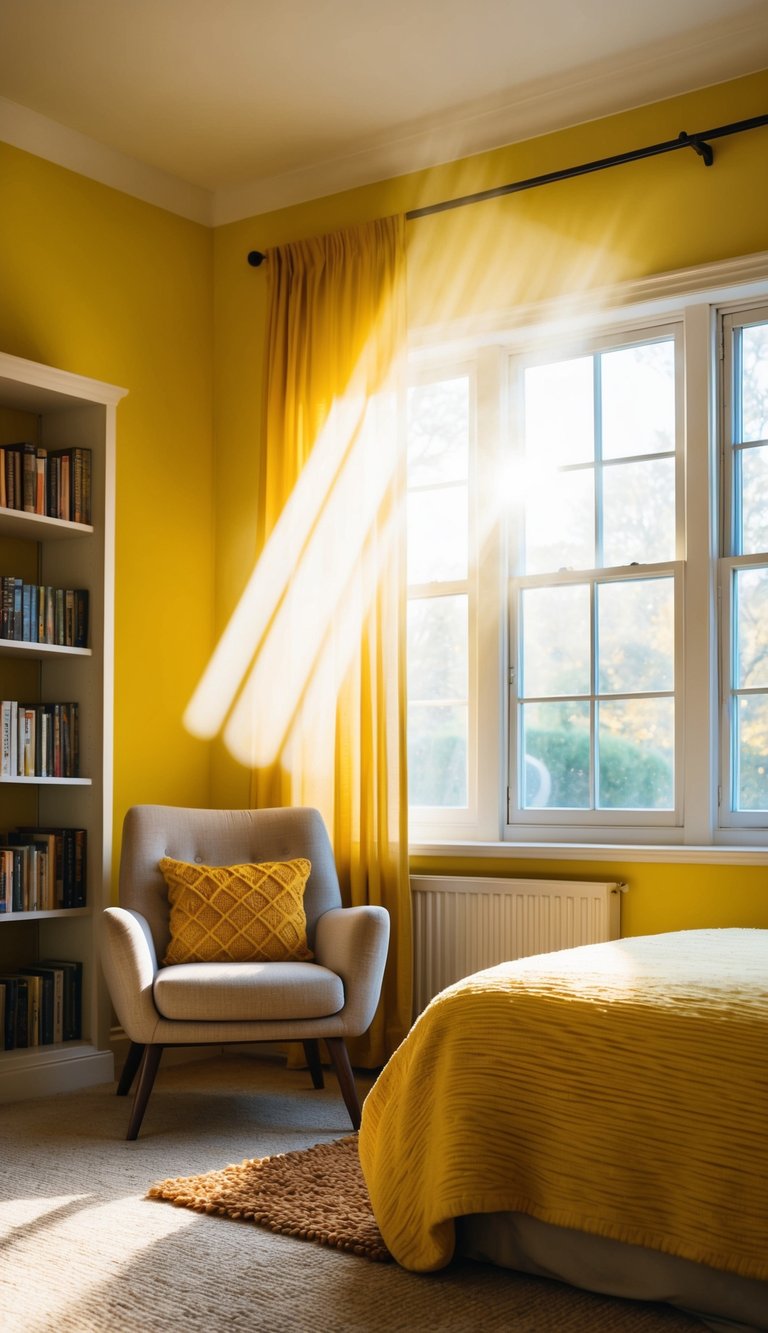 A cozy yellow bedroom with sunbeams streaming through a window, illuminating a reading nook with a comfy chair, bookshelves, and a warm rug