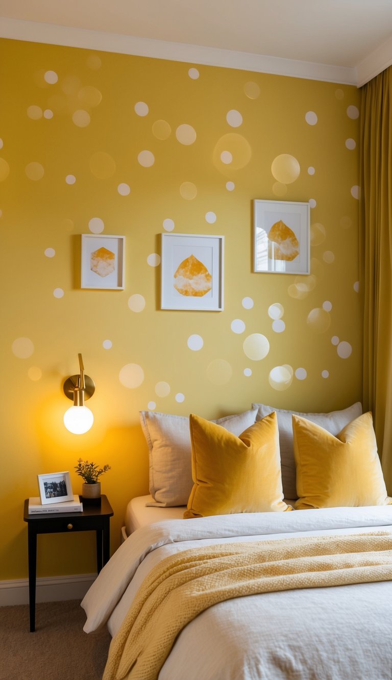 A cozy bedroom with yellow citrine wall decals, soft bedding, and warm lighting