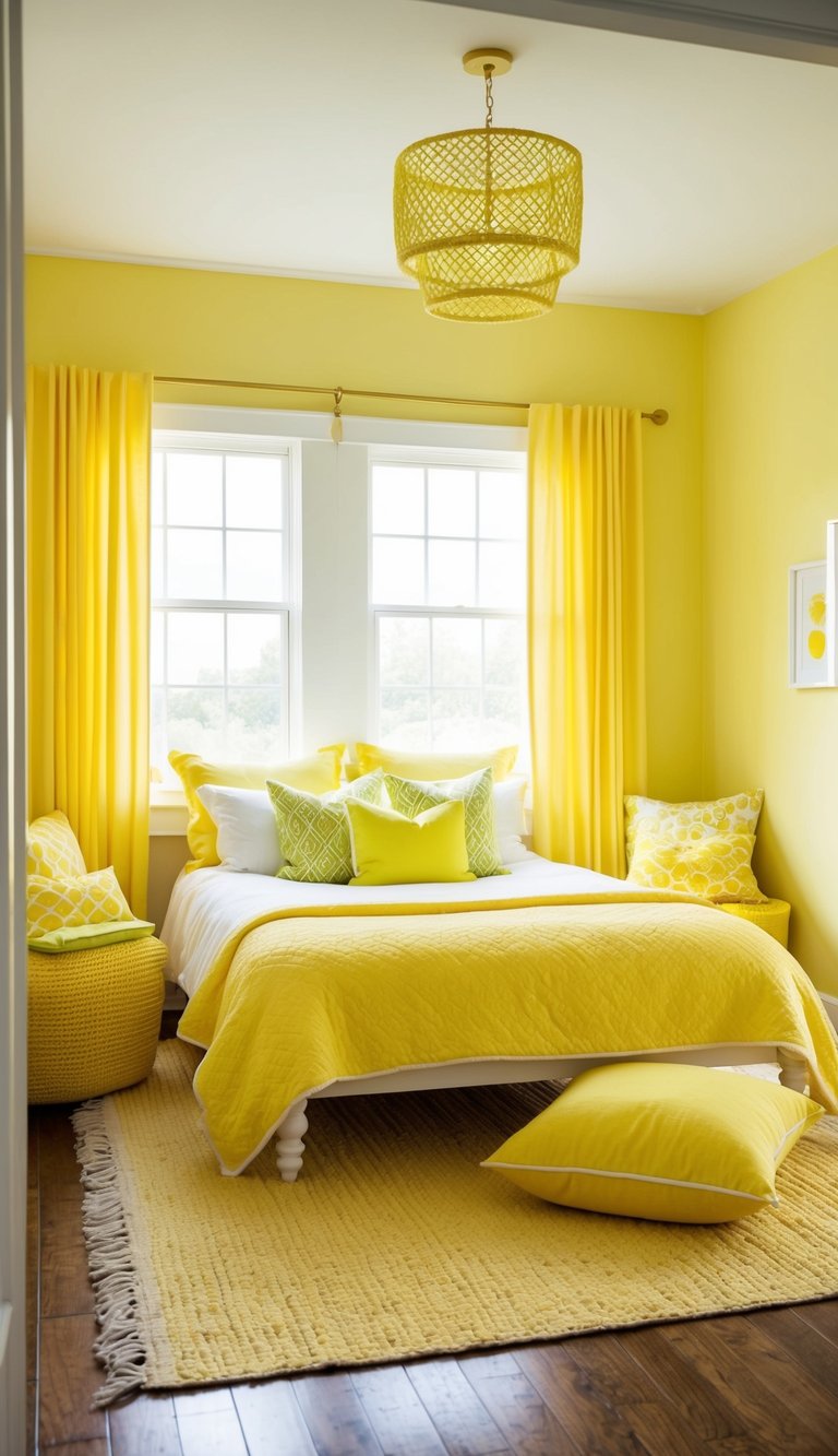 A sunny yellow bedroom with lemon-lime accessories scattered throughout, including pillows, curtains, and a throw rug