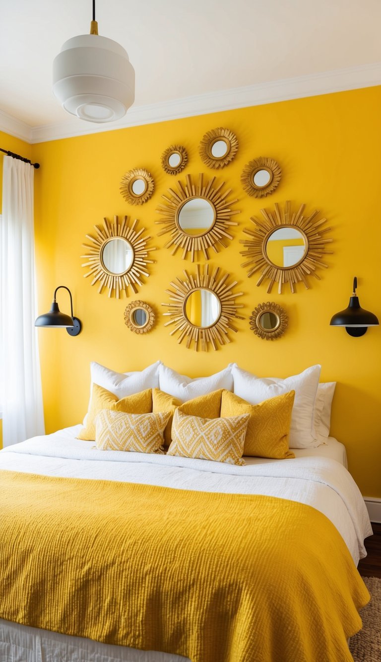 A bright yellow bedroom with 21 golden sunburst mirrors adorning the walls, creating a warm and vibrant atmosphere