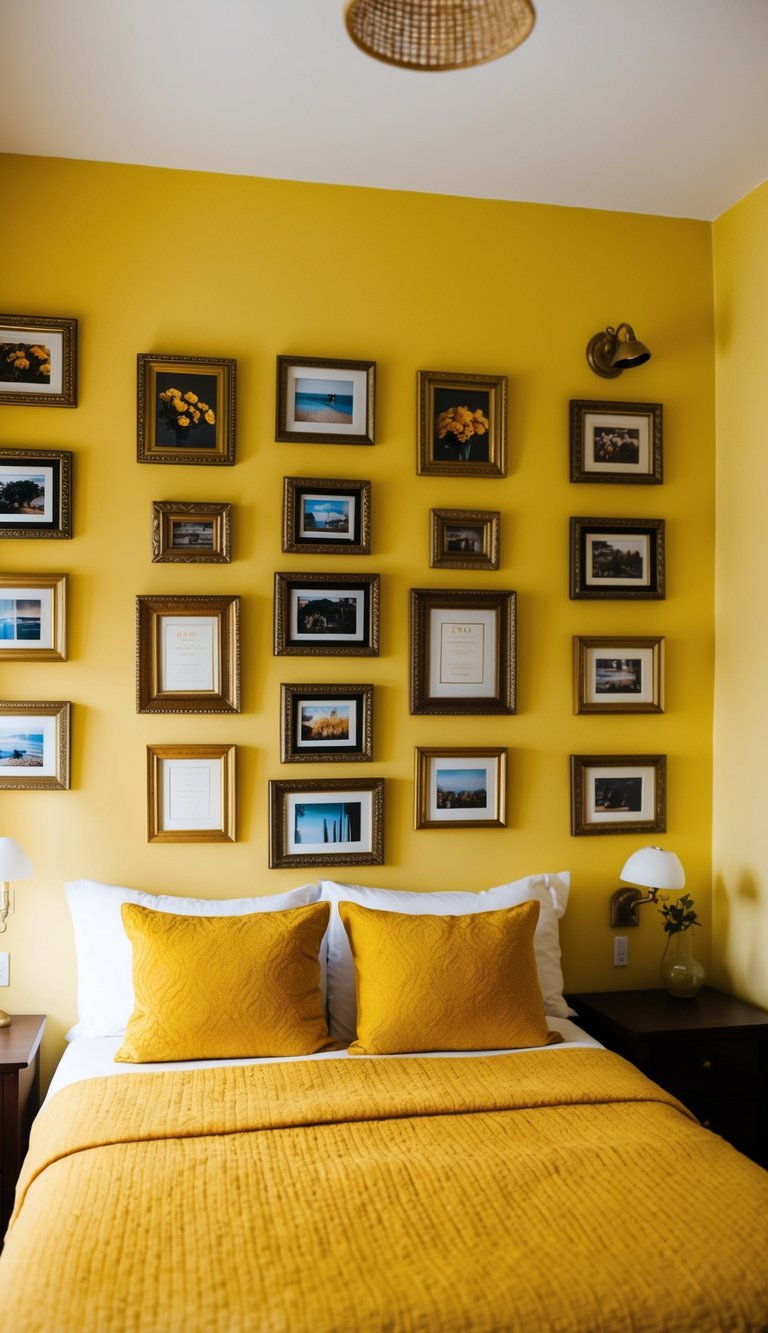 A cozy bedroom with 21 marigold picture frames adorning the yellow walls, adding warmth and charm to the space