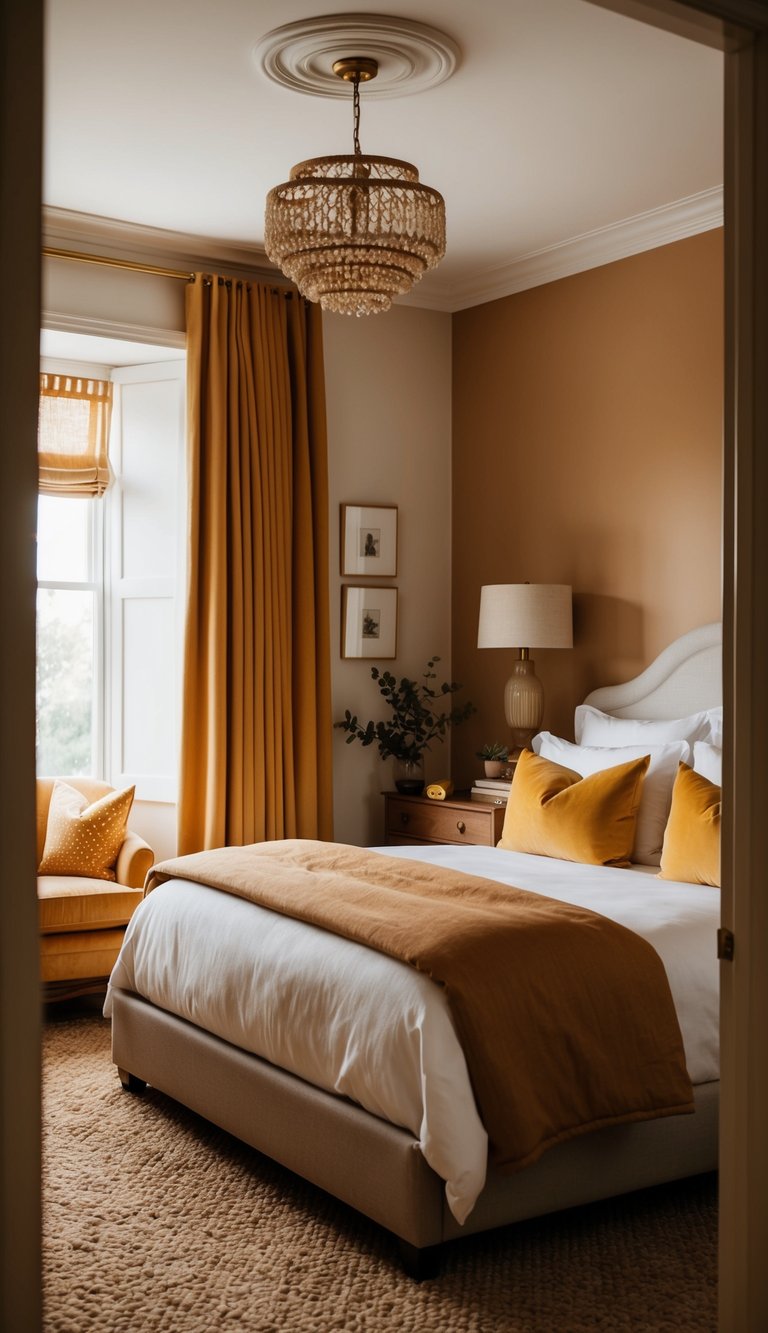 A cozy bedroom with butterscotch drapes, yellow accents, and warm lighting