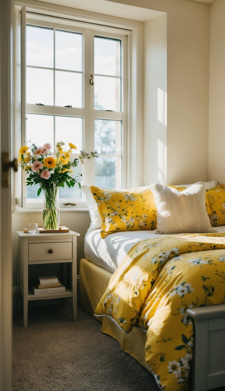 A cozy bedroom with yellow floral bedding, sunlight streaming in through the window, and a vase of fresh flowers on the nightstand