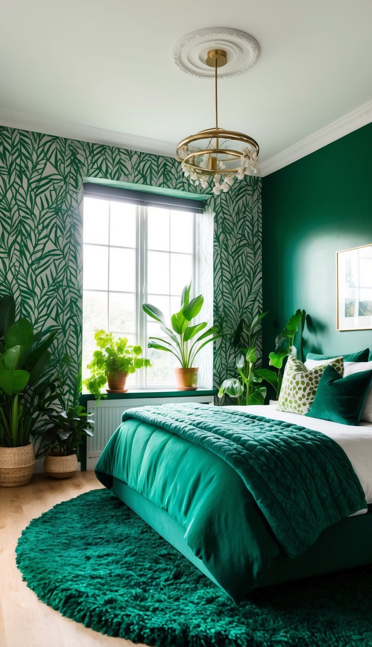 A cozy green bedroom with leaf-patterned wallpaper, a plush emerald rug, and potted plants scattered around the room