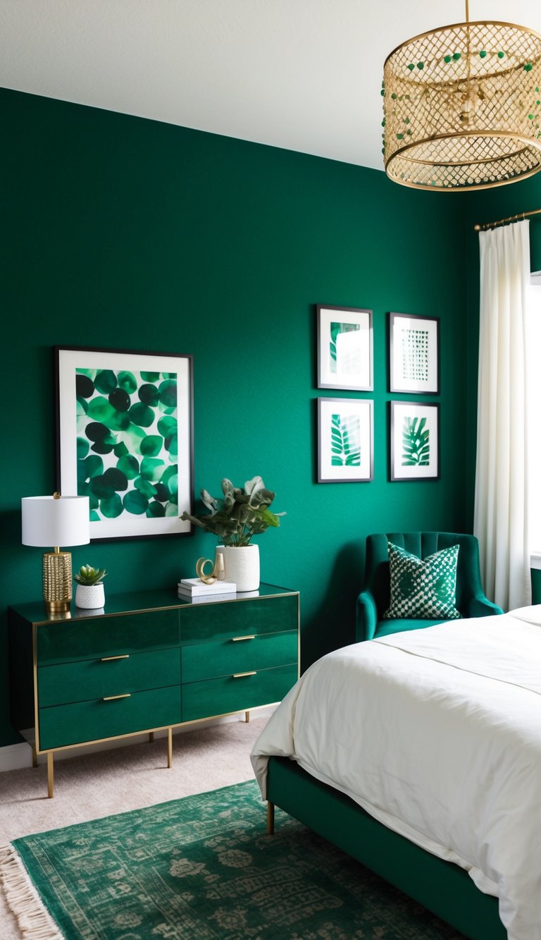 An emerald green velvet accent wall in a bedroom with 23 green-themed decor ideas