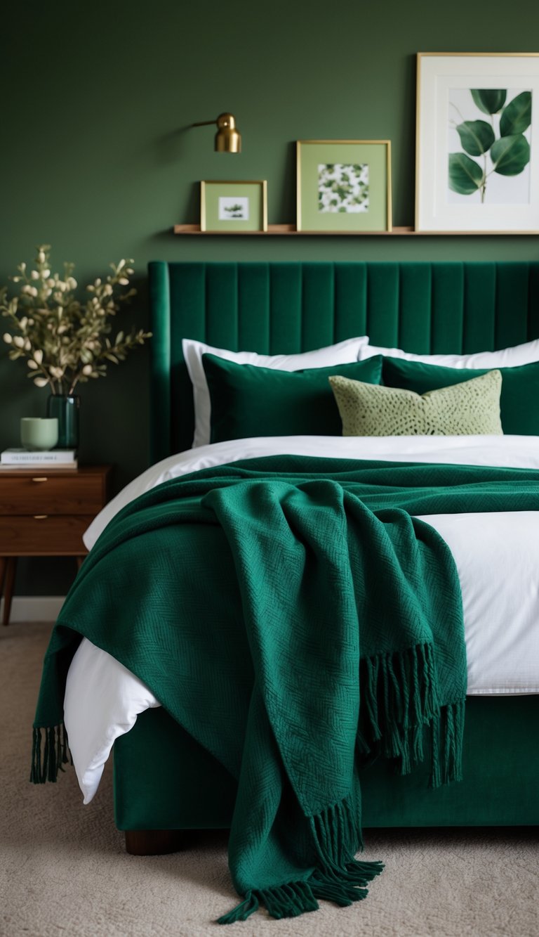 A cozy bedroom with hunter green throw blankets draped over a bed, paired with various shades of green decor and furniture