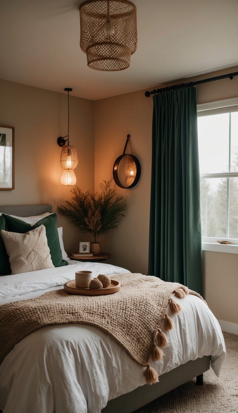 A cozy bedroom with forest green curtains, warm lighting, and natural decor