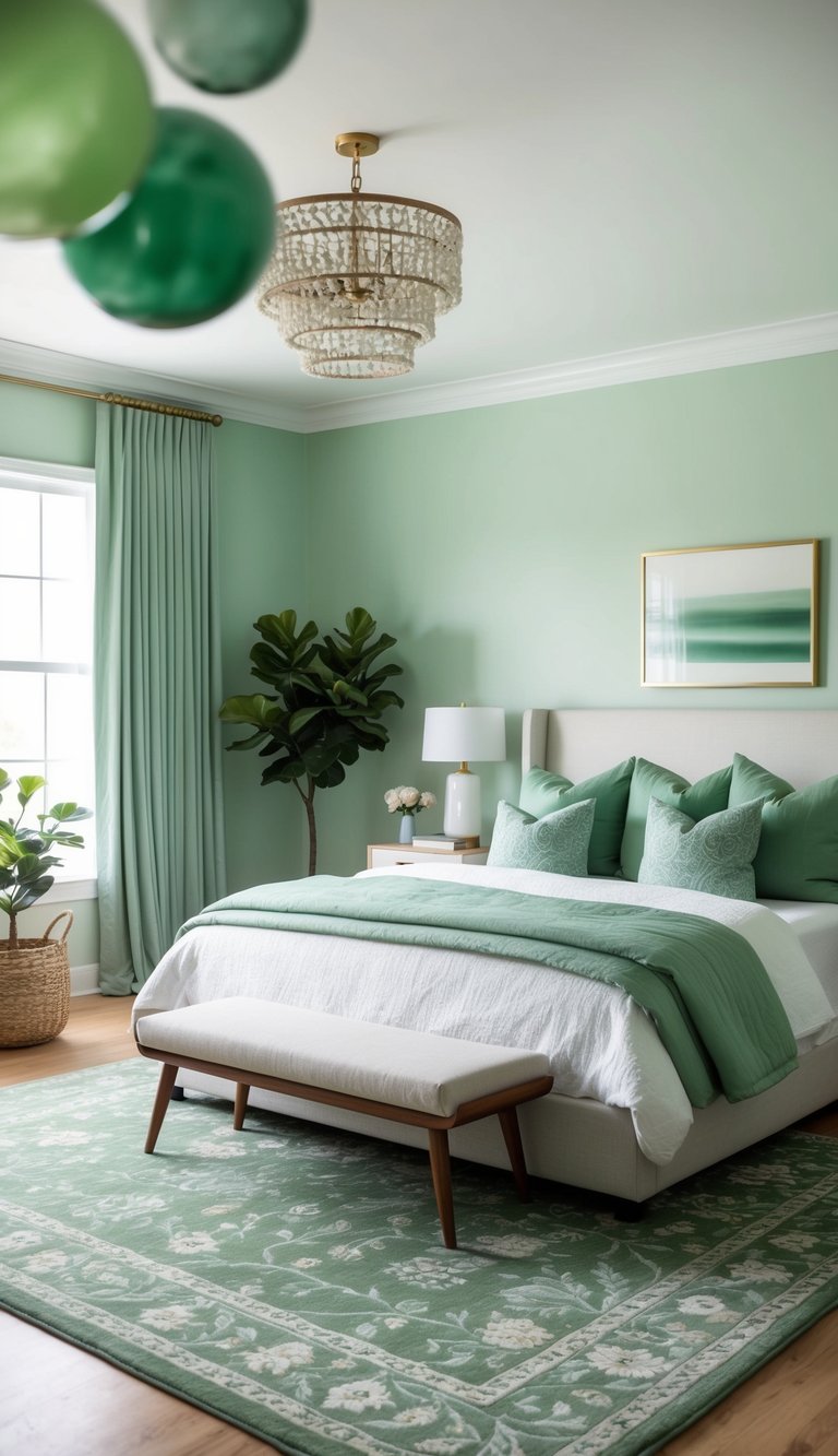 A sage green area rug anchors a serene bedroom with 23 shades of green, creating a tranquil and harmonious space