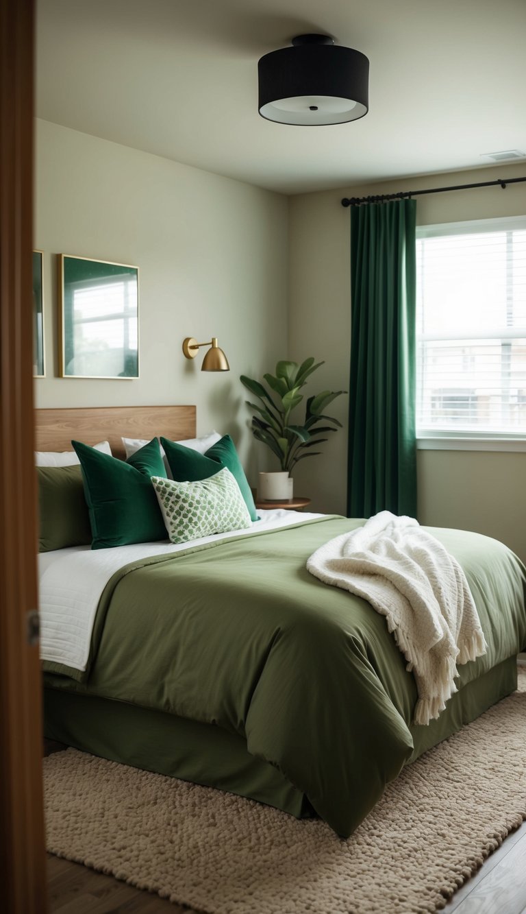 A cozy bedroom with olive green bedding, complemented by green accents and decor throughout the room