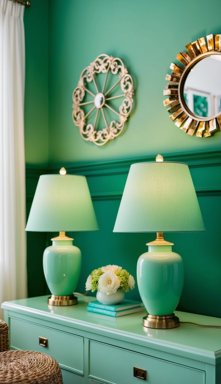 Two mint green table lamps illuminate a serene green bedroom with 23 decor ideas