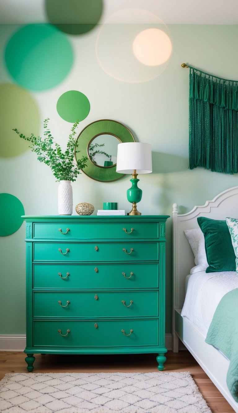 A jade green dresser stands in a serene bedroom with 23 different shades of green decor