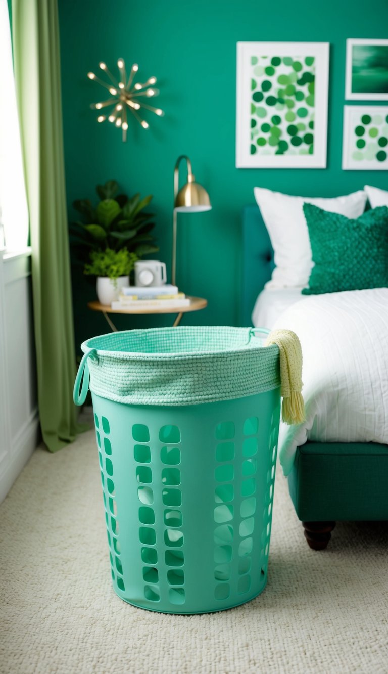 A seafoam green laundry basket sits in a cozy green bedroom, surrounded by 23 green bedroom decor ideas