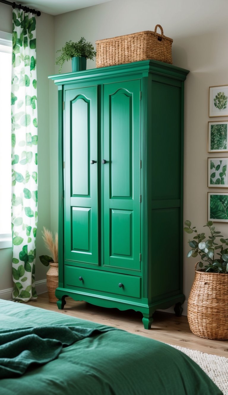 A pine green wardrobe stands in a cozy bedroom with 23 green-themed decor ideas