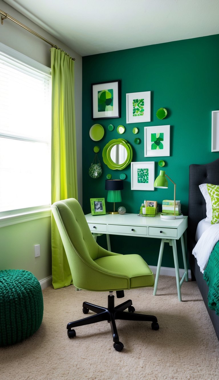 A chartreuse green desk chair sits in a cozy bedroom surrounded by 23 shades of green decor and accents