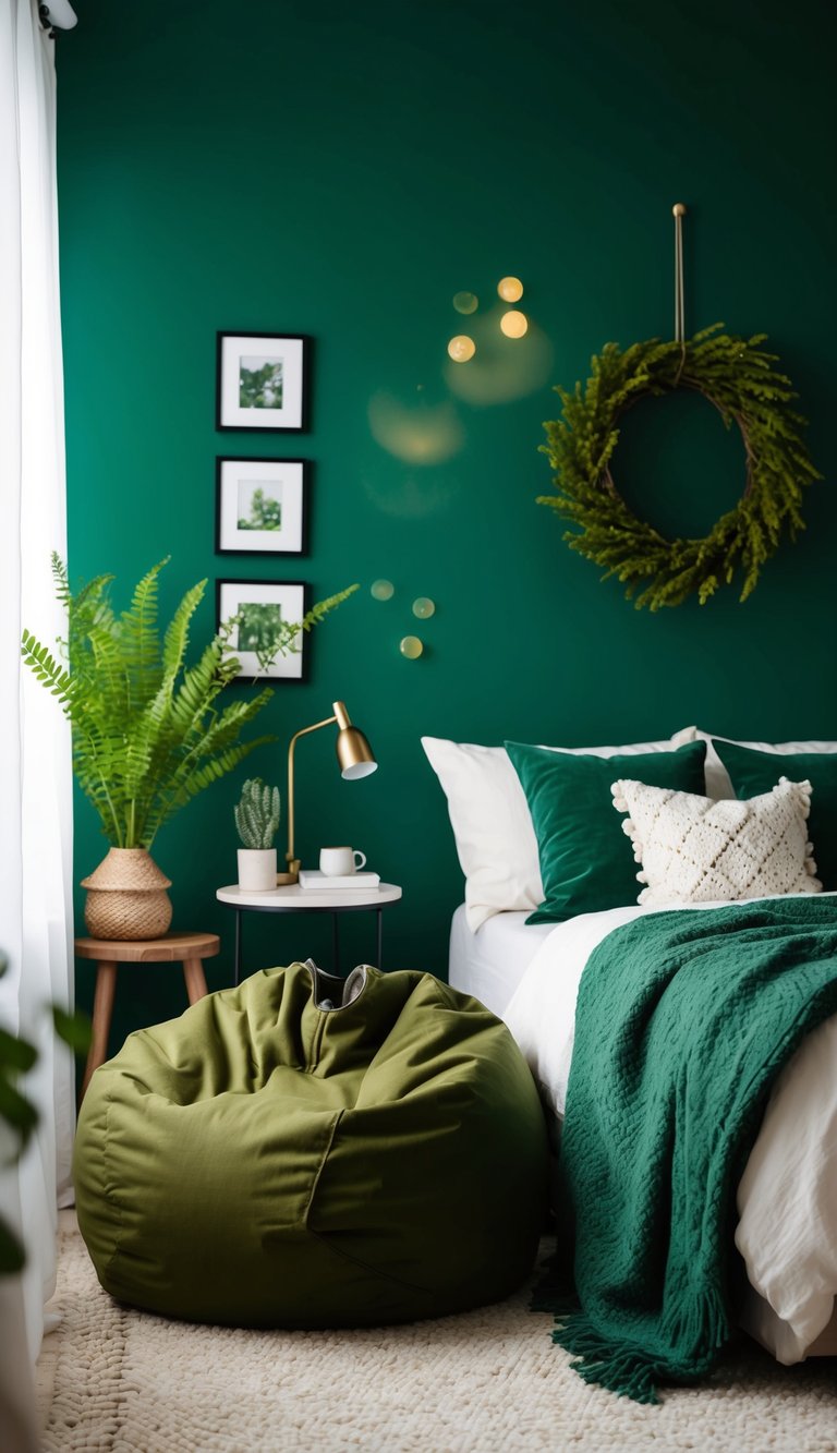 A moss green bean bag sits in a cozy green bedroom with nature-inspired decor