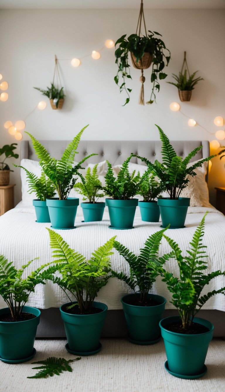 A cozy bedroom with 23 fern green plant pots scattered around, adding a touch of nature to the room's decor