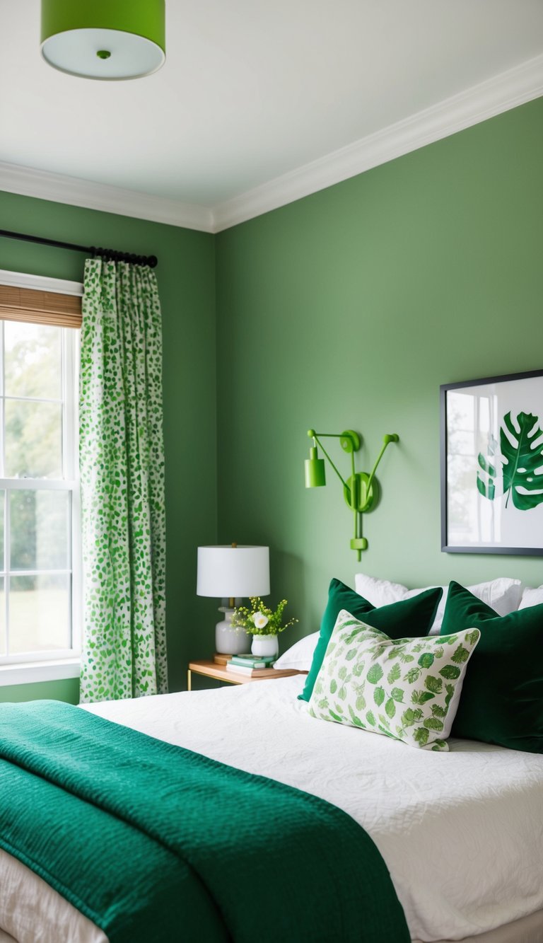 A cozy green bedroom with apple green accents, including artwork and decor, creating a serene and refreshing atmosphere