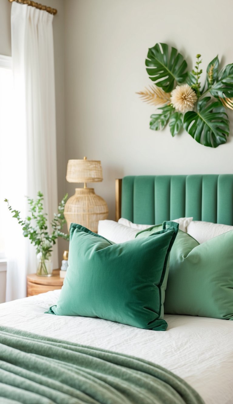 A cozy bedroom with pistachio green cushions, soft lighting, and botanical decor