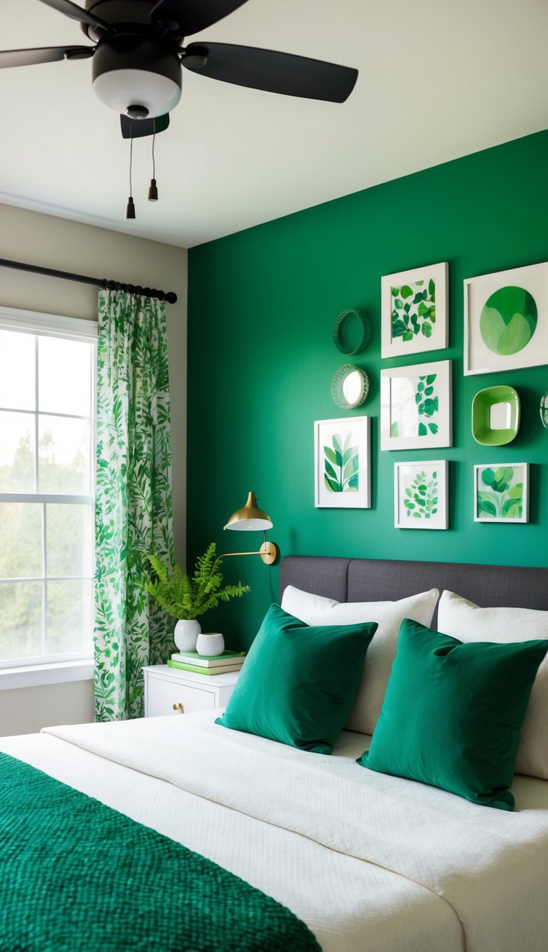 A cozy bedroom with a kelly green accent wall adorned with various wall art pieces in shades of green, creating a serene and nature-inspired atmosphere