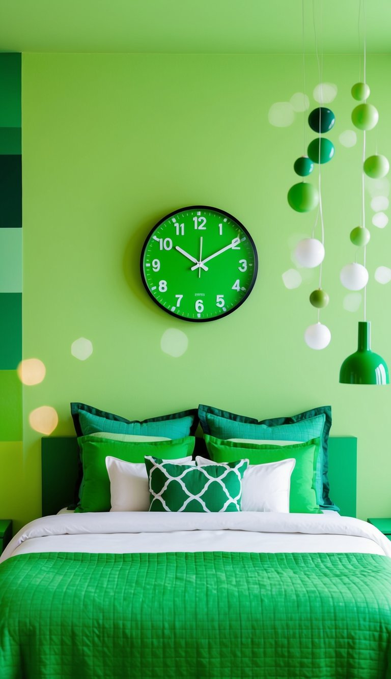 A lime green clock hangs on the wall in a vibrant green bedroom with 23 different shades of green decor