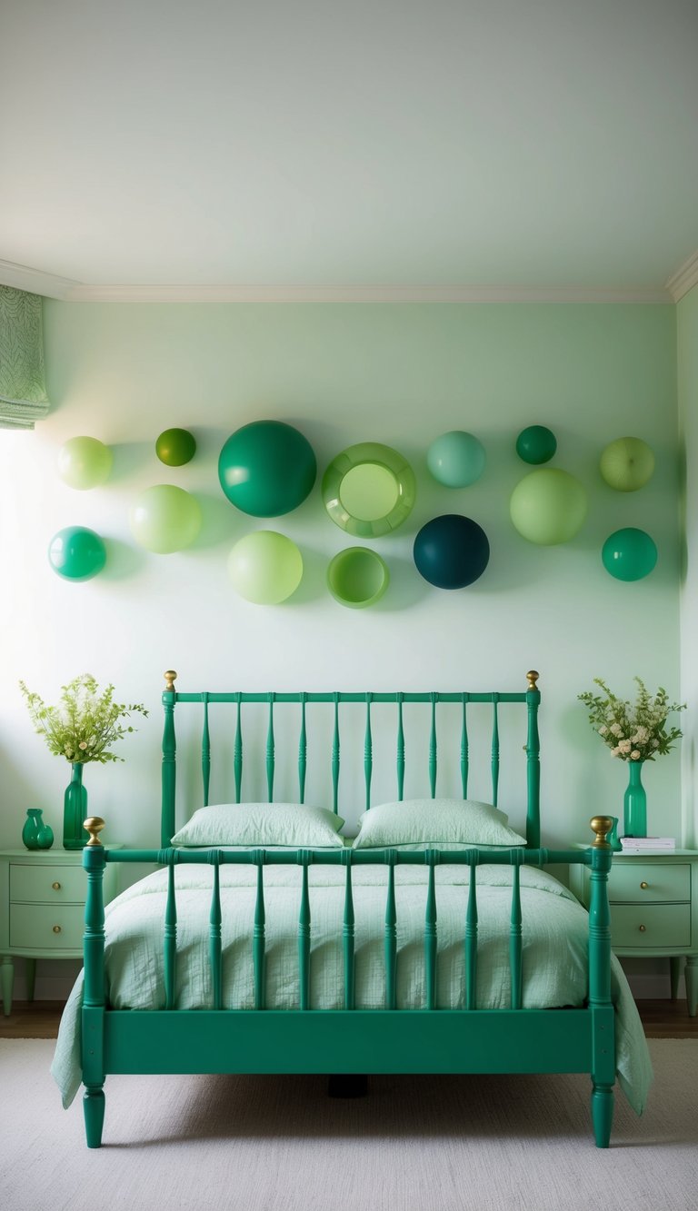 A peridot green bed frame stands in a serene bedroom, surrounded by 23 shades of green decor