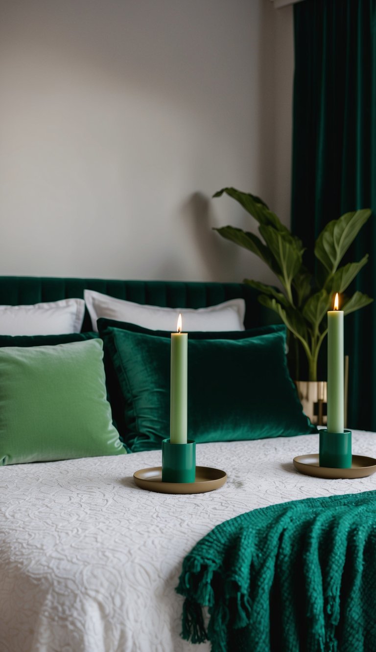 A bedroom with basil green candle holders and green decor