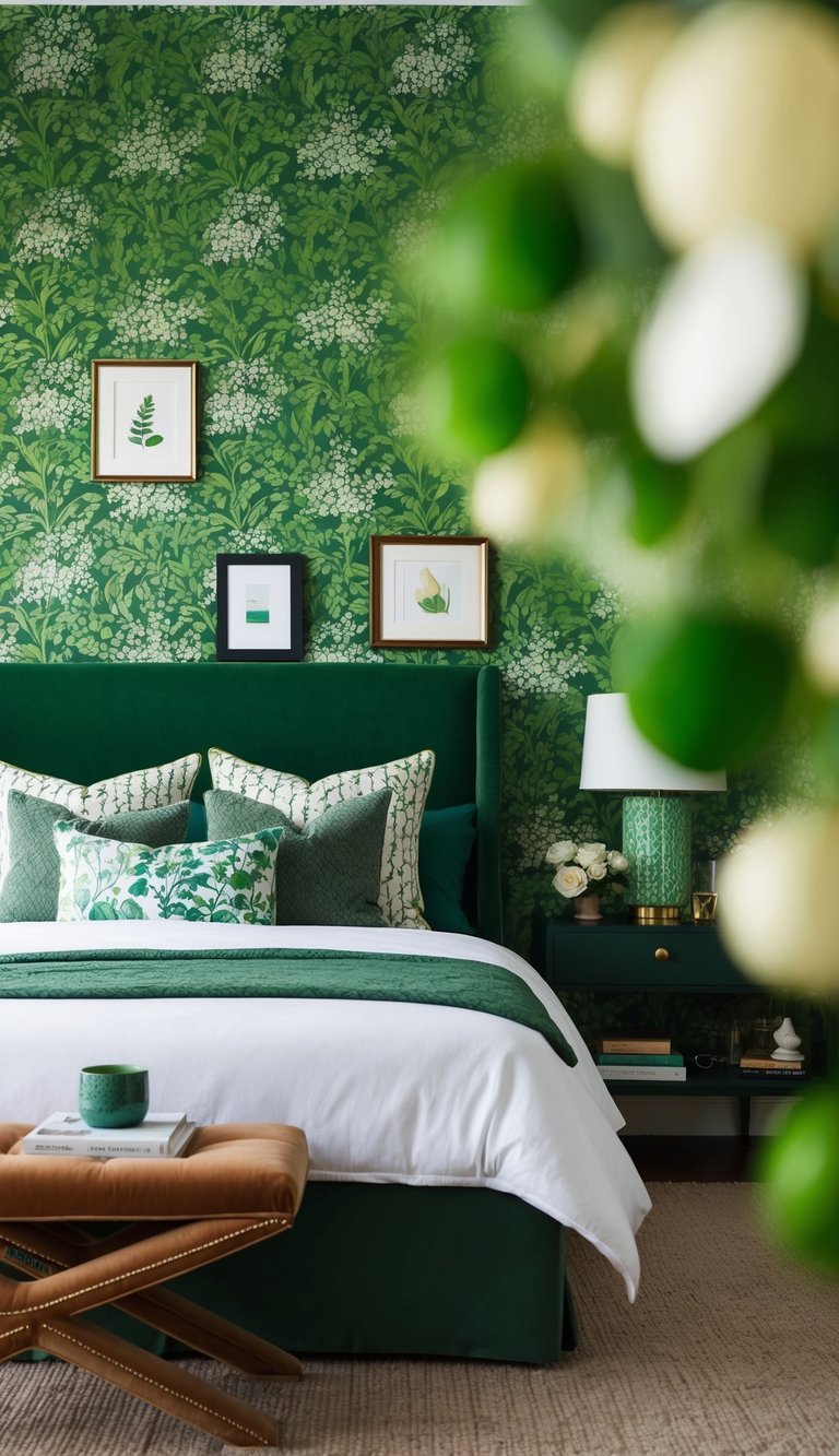 A cozy bedroom with Myrtle Green wallpaper, featuring 23 different green bedroom ideas