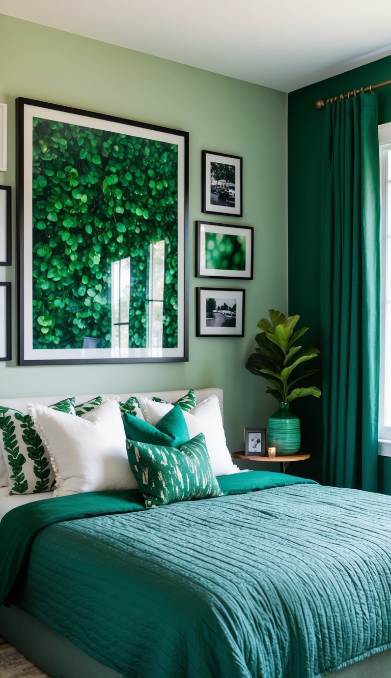 A cozy bedroom with a large laurel green photo frame hanging on the wall, surrounded by various shades of green decor and furnishings