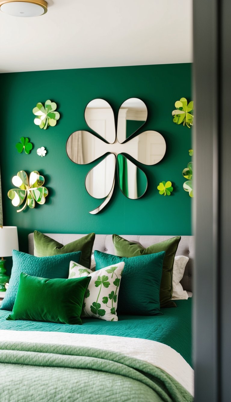 A cozy green bedroom with a large clover-shaped mirror as the focal point, surrounded by various shades of green decor and accents