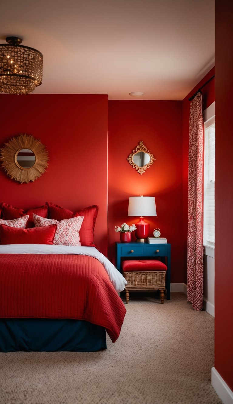 A cozy bedroom with red walls, matching bedding, and decorative accents in various shades of red, creating a warm and inviting atmosphere