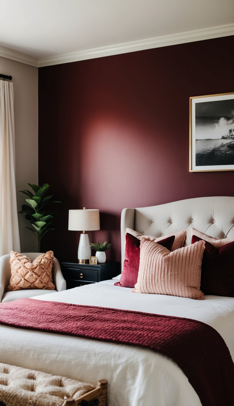 A cozy bedroom with a bold burgundy accent wall, complemented by warm, inviting decor