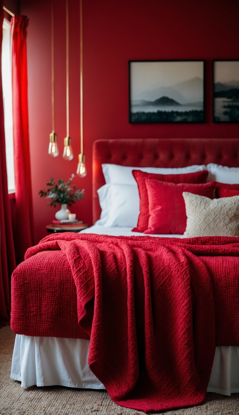 A scarlet bedspread draped over a plush bed in a cozy, red-themed bedroom