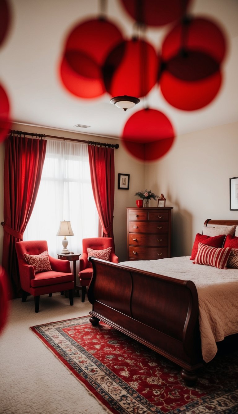 A cozy bedroom with cherry wood furniture, featuring 25 shades of red in the decor