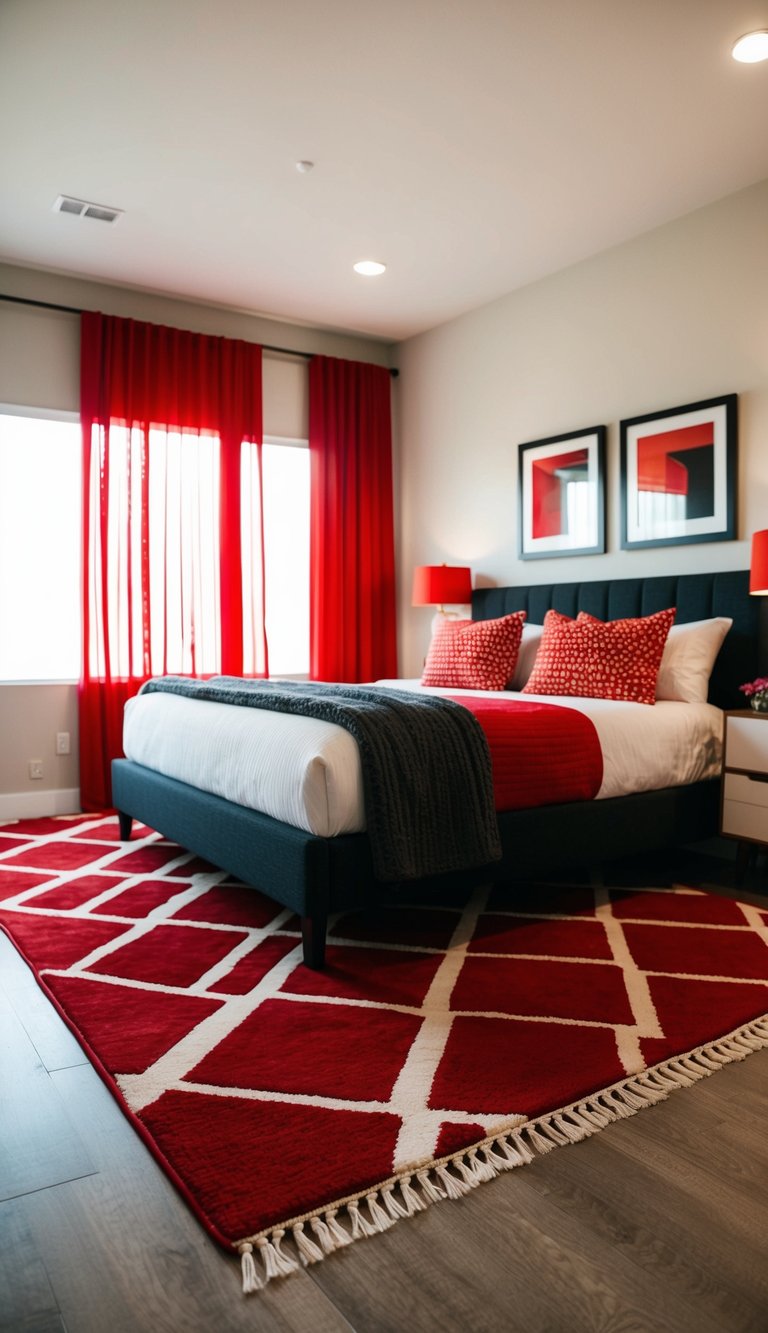 A red geometric rug anchors a modern bedroom with bold red accents