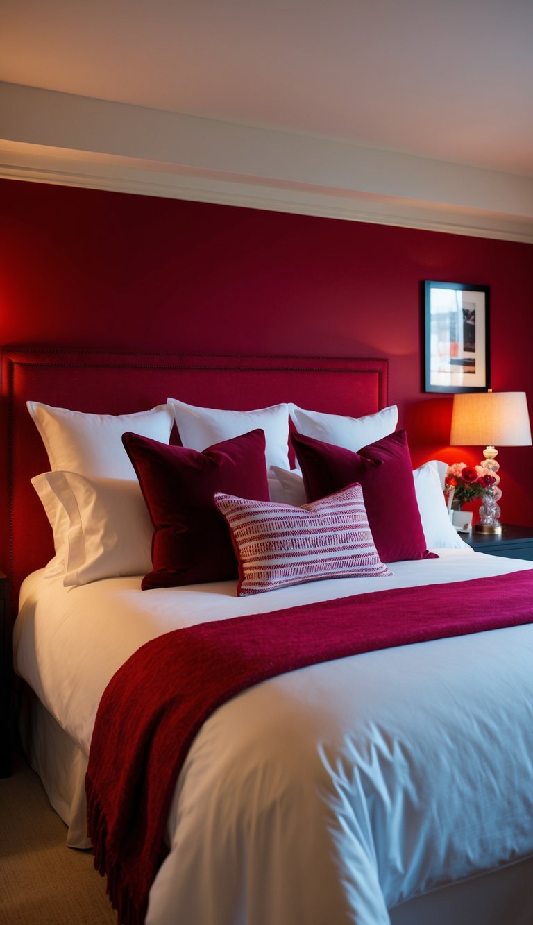 A cozy bedroom with ruby throw pillows on a crisp white bed, accented with red decor and warm lighting