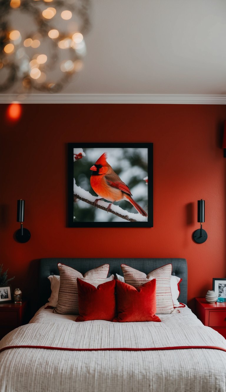 A cozy bedroom with red accents, featuring a cardinal artwork on the wall as the focal point