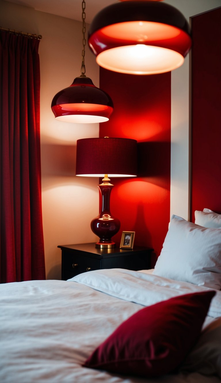 A cozy bedroom with red walls and garnet lamp shades casting a warm glow