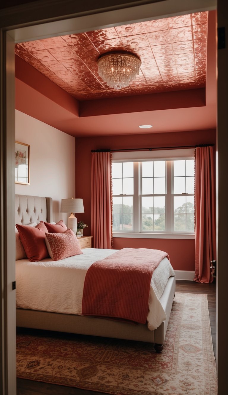 A cozy bedroom with a rose-hued ceiling, featuring warm red accents and inviting decor