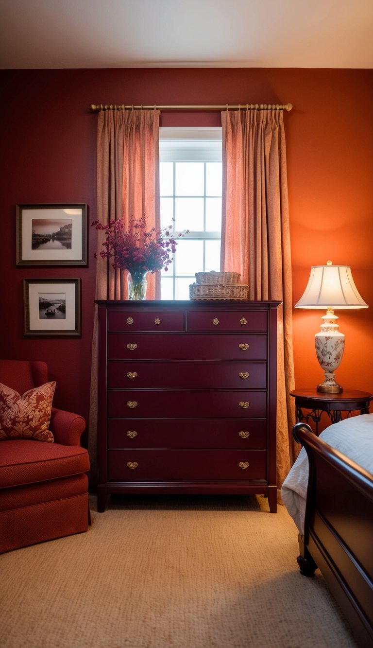 A maroon dresser sits in a cozy red bedroom, surrounded by warm tones and elegant decor