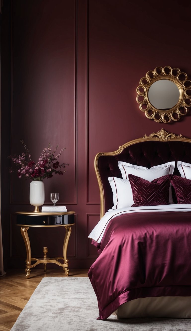 A luxurious wine-colored headboard stands against a backdrop of deep red walls, complemented by rich burgundy bedding and elegant gold accents