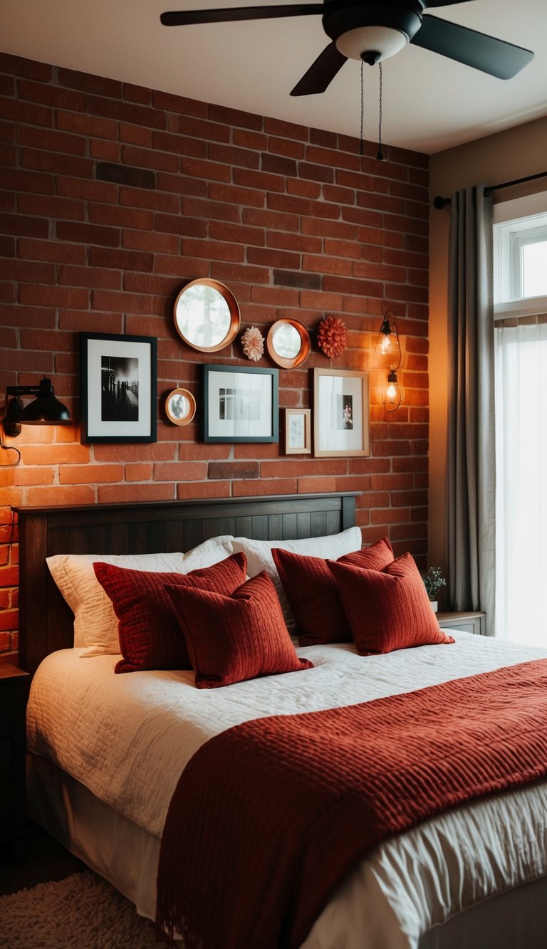 A cozy bedroom with brick red shiplap walls, warm lighting, and 25 decorative ideas in various shades of red