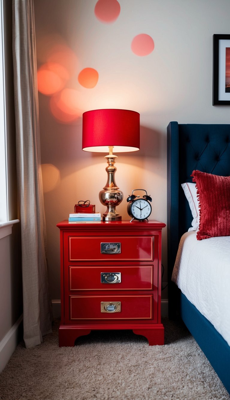 A red fire engine nightstand in a cozy bedroom with 25 unique red decor ideas