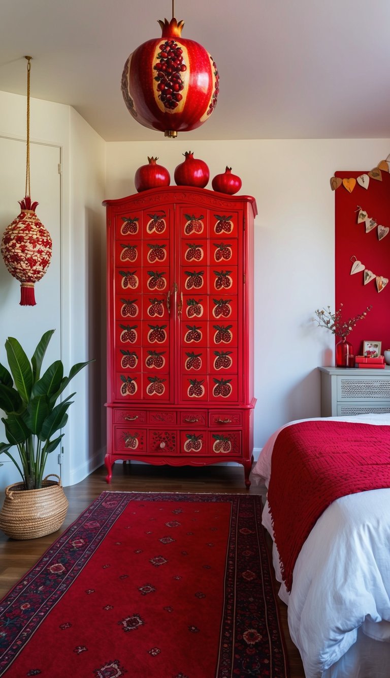 A pomegranate-themed wardrobe stands in a cozy red bedroom adorned with 25 unique decor ideas