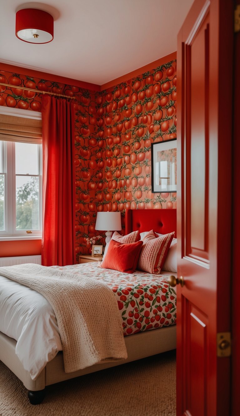 A cozy bedroom with tomato print wallpaper, red accents, and warm lighting