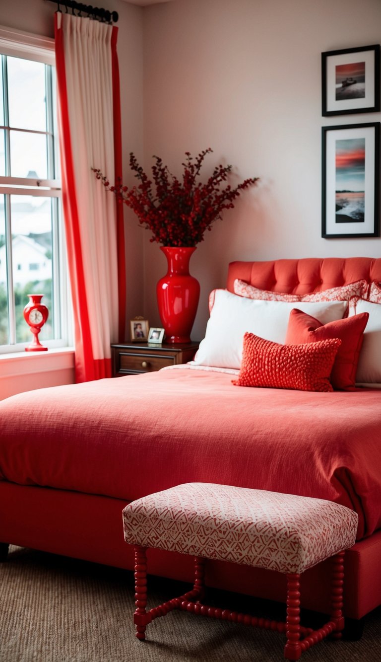 A cozy bedroom with coral upholstery, accented with red decor and furniture