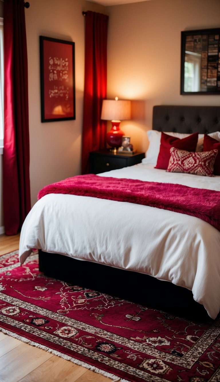 A cozy bedroom with a vibrant carmine area rug as the focal point, surrounded by red accents and warm lighting