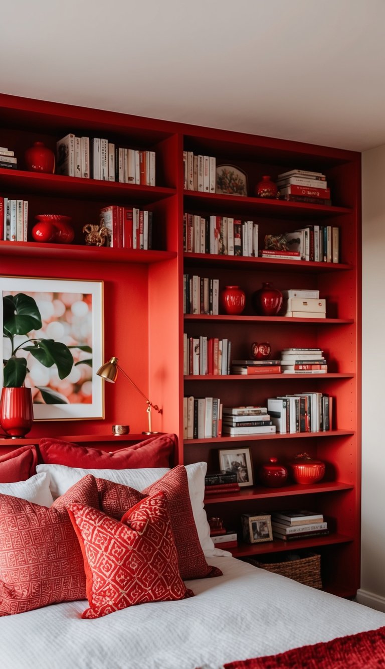 A cozy bedroom with vermilion shelves filled with red decor and accents